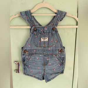 OshKosh B’gosh Cherry Print Denim Shorts Overalls, Size 6 Months